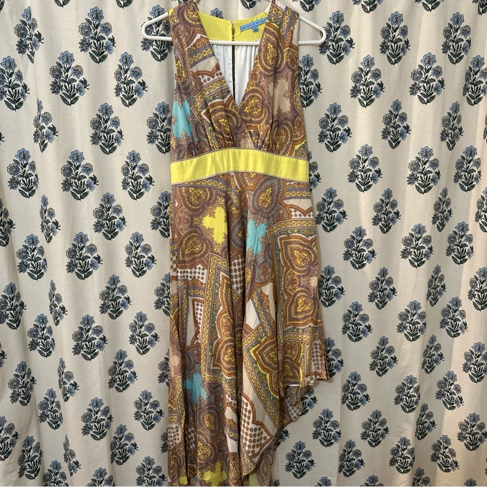 Antonio Melani dress SIZE 4 asymetrical Hem V Neck Mixed pattern Colorful
